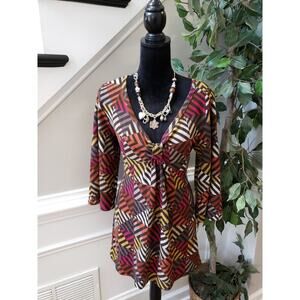 Women's One World Multicolor Tunic Top L Boho V Neck 3/4 Sleeve Stretch Knit
